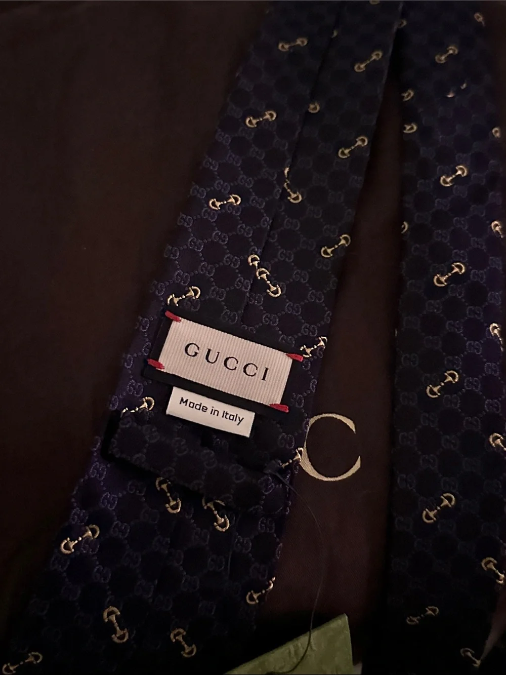 Gucci Black Silk Tie with Gold Horsebit & GG Motif